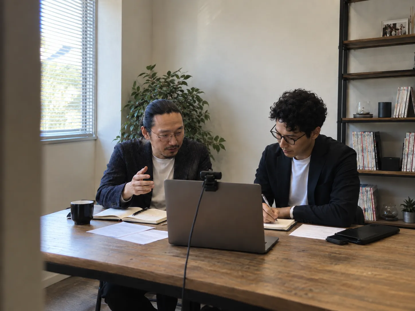 ノートパソコンと資料を使って運用計画を話し合う2人