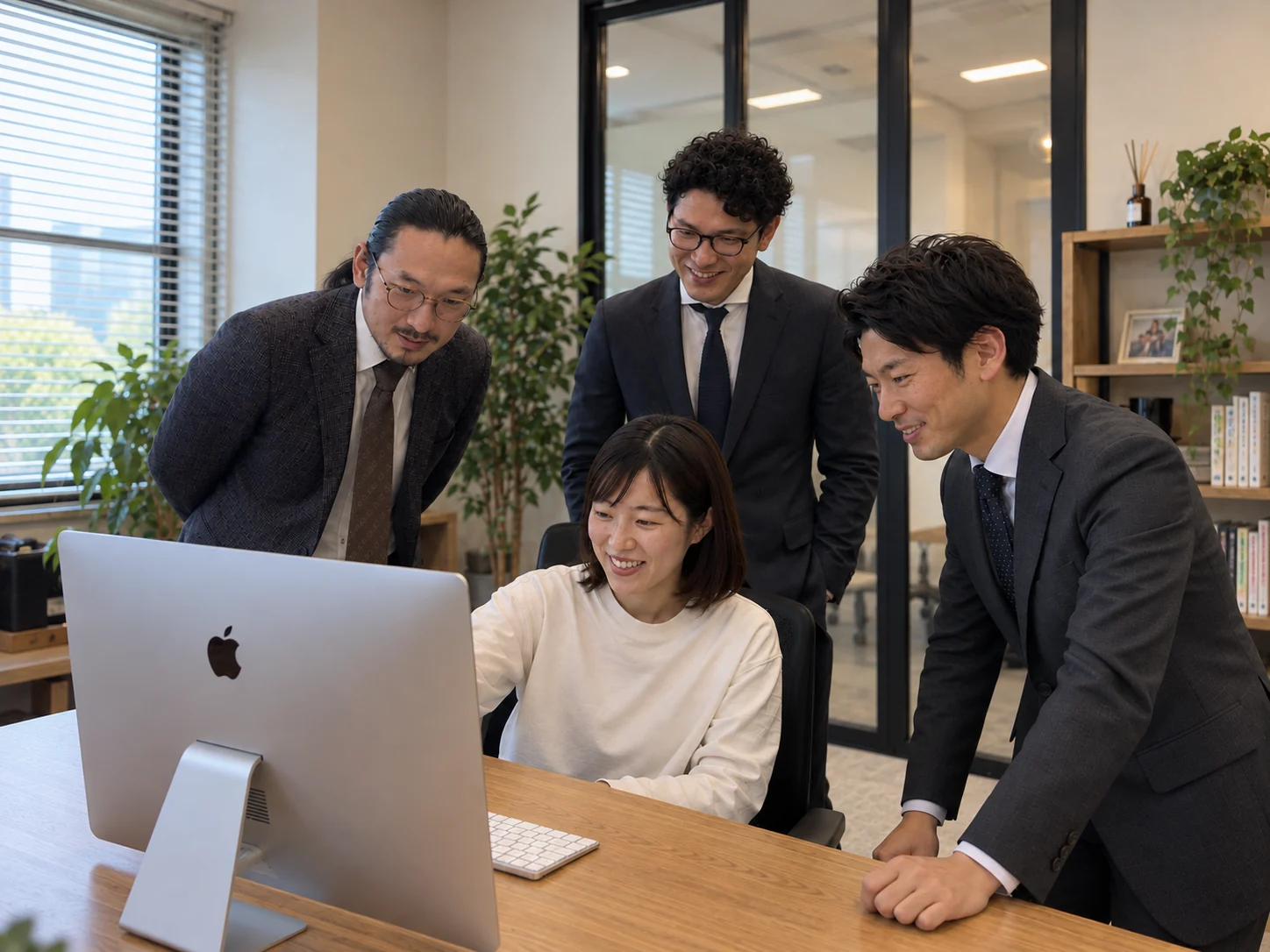 画面を囲んで制作内容を確認するチーム
