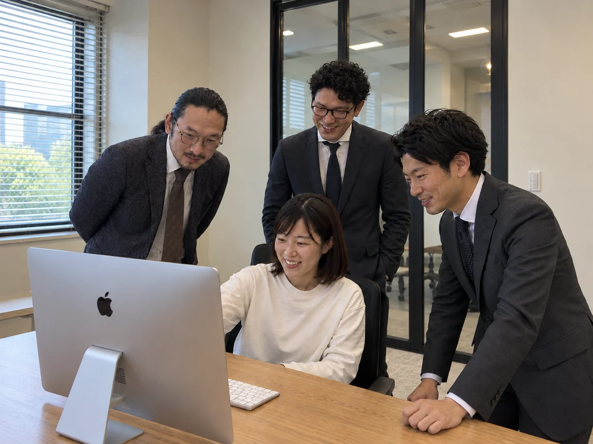 画面を囲んで制作内容を確認するチーム（イメージ）