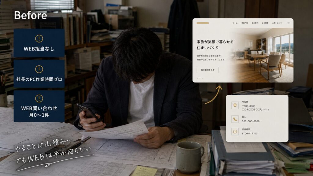 知識ゼロ・リソースゼロからのWEB集客!「専属マーケティング部」として、ゼロから自動追客まで仕組みを構築 導入前|WEB担当なし・受け皿未整備の状態